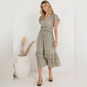 Bohme Willa Ruffle Midi Short Sleeve Dress in Sage